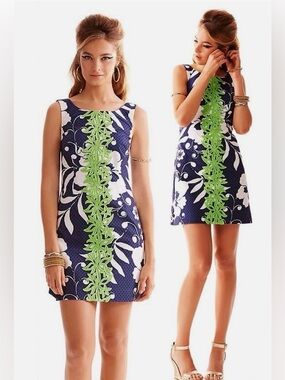 Lilly Pulitzer Delia Shift Dress In Navy And White w/Johnny B Applied Lace Sz 6